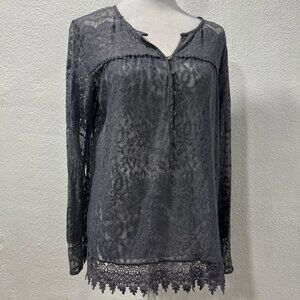 KNOX ROSE Gray Large Boho Crochet Lace  Sleeve Tunic Top Whimsy Coquette